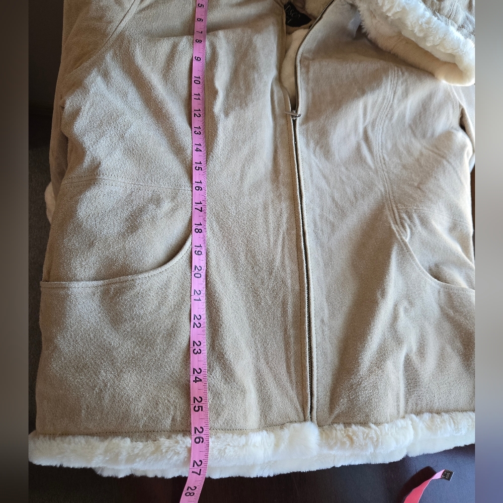 Hudson Place Genuine Suede Leather Hooded Shearling Jacket Tan Large - Picture 6 of 9